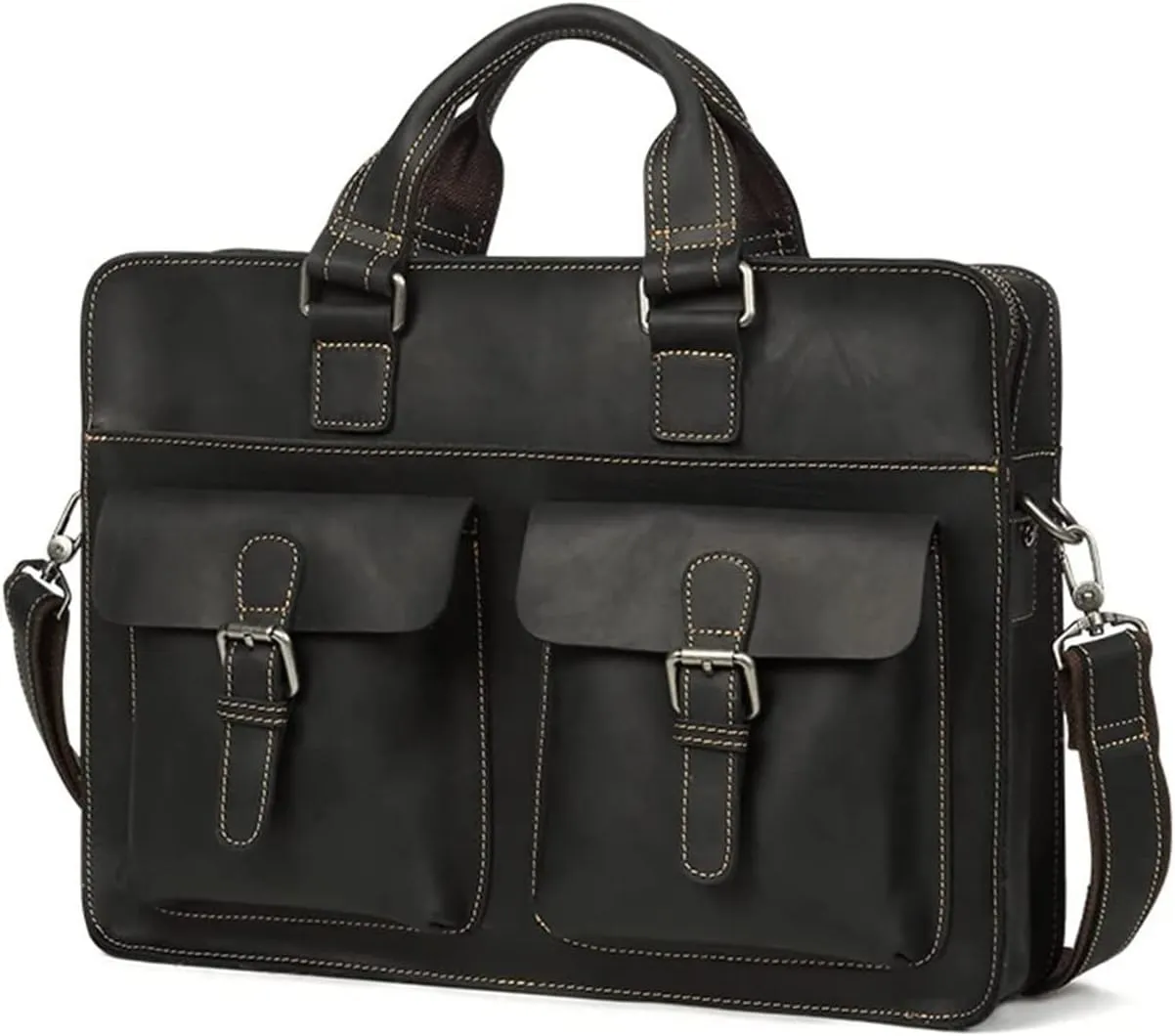 Leather Briefcase for Men Business Travel Messenger Bags Laptop Bag Metal Zipper,15.6-inc