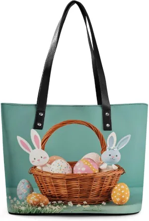 Leather Lady's Handbag Easter Bunny Basket Eggs Print Leather Tote Bags For Women Trendy Ladies Shoulder Bag for Work, Travel, Casual Use