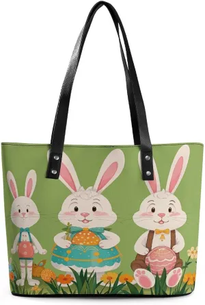 Leather Lady's Handbag Easter Bunny Print Leather Tote Bags For Women Trendy Ladies Shoulder Bag for Work, Travel, Casual Use