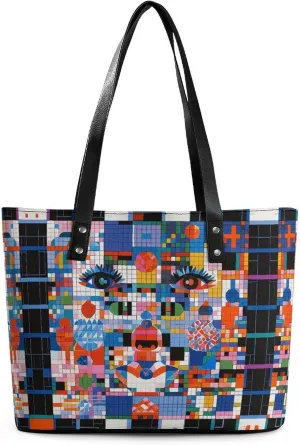 Leather Lady's Handbag Mosaic Dot Grid Print Leather Tote Bags For Women Trendy Ladies Shoulder Bag for Work, Travel, Casual Use