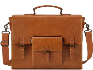 Leather Messenger Bag for Men 15.6 Inch Waterproof Vintage Leather Laptop Briefcase Large Satchel Shoulder Bag Office Travel College Computer Laptop Bag, Brown