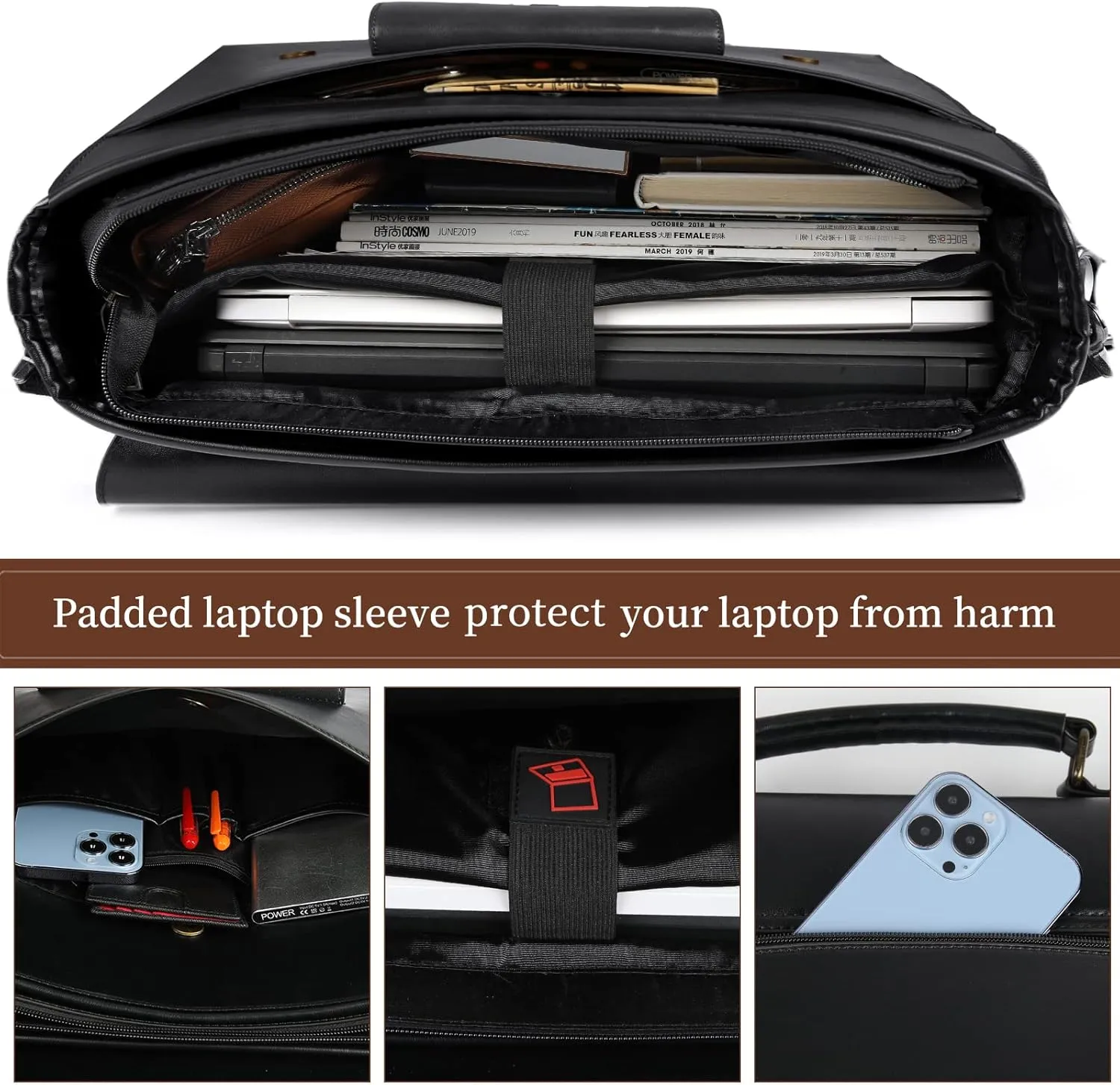 Leather Messenger Bag for Men Women 15.6 Inch Waterproof Vintage Leather Laptop Briefcase Large Satchel Shoulder Bag Office Travel College Computer Laptop Bag, Black