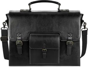 Leather Messenger Bag for Men Women 15.6 Inch Waterproof Vintage Leather Laptop Briefcase Large Satchel Shoulder Bag Office Travel College Computer Laptop Bag, Black