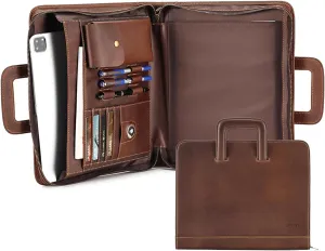 Leather Portfolio Organizer with Zipper for Men Women,Full Grain Leather Zippered Padfolio Organizer with Handle, Genuine Leather Padfolio Folder for 12.9" iPad Documents (Dark Brown)