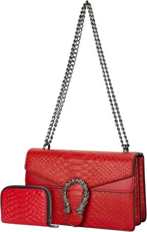 Leather Shoulder Bag Chain Purse for Women - Fashion Crossbody Bags Vintage Snake Print Underarm Bag Square Satchel Handbag
