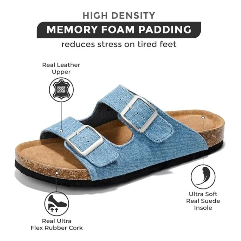 Leather Slides With Cork Footbed And Adjustable Buckle Straps
