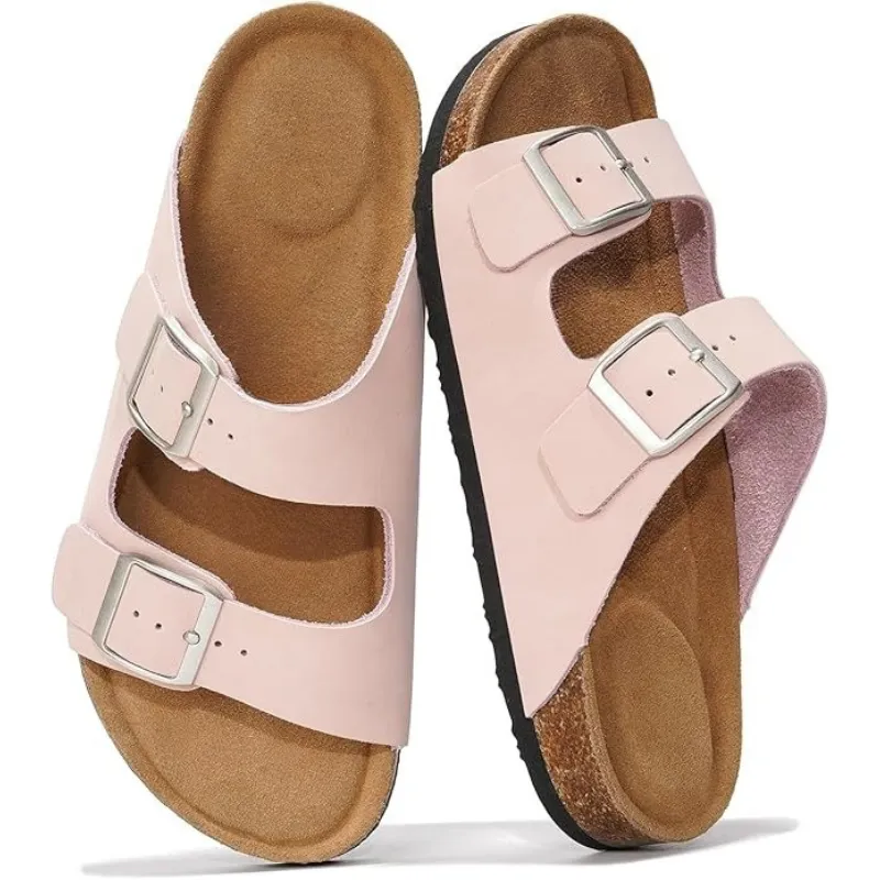 Leather Slides With Cork Footbed And Adjustable Buckle Straps