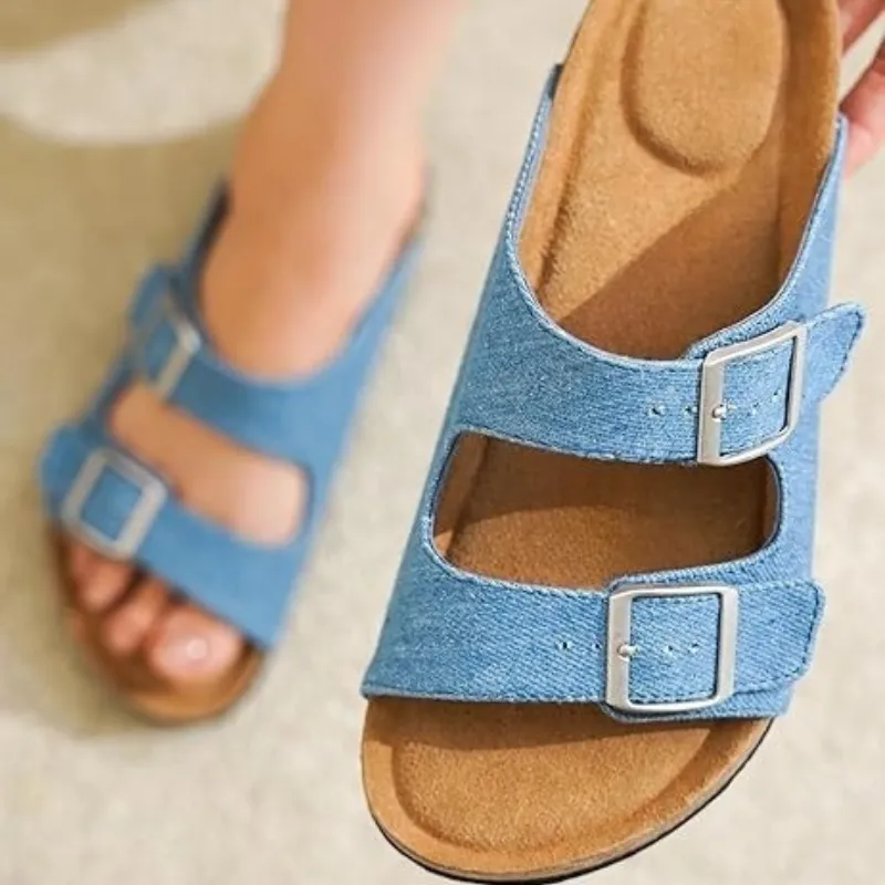 Leather Slides With Cork Footbed And Adjustable Buckle Straps