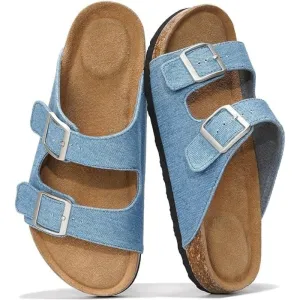 Leather Slides With Cork Footbed And Adjustable Buckle Straps