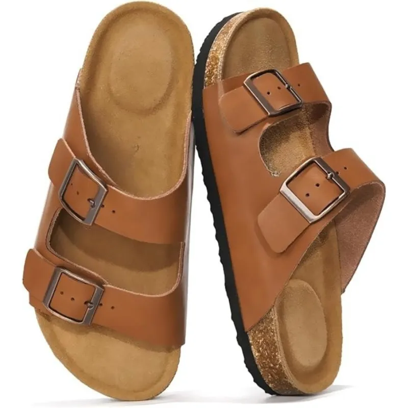 Leather Slides With Cork Footbed And Adjustable Buckle Straps