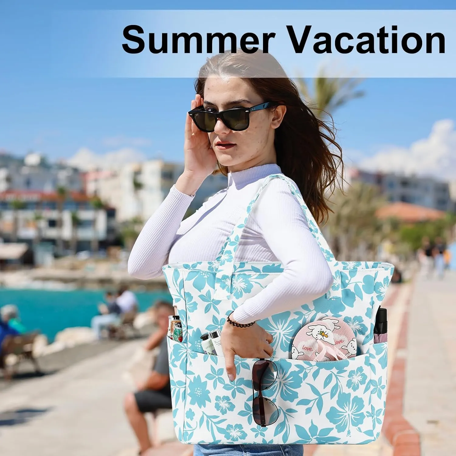 LEDAOU Large Beach Tote Bag Women Waterproof Sandproof Zipper Beach Tote Bag for Pool Gym Grocery Travel with Wet Pocket