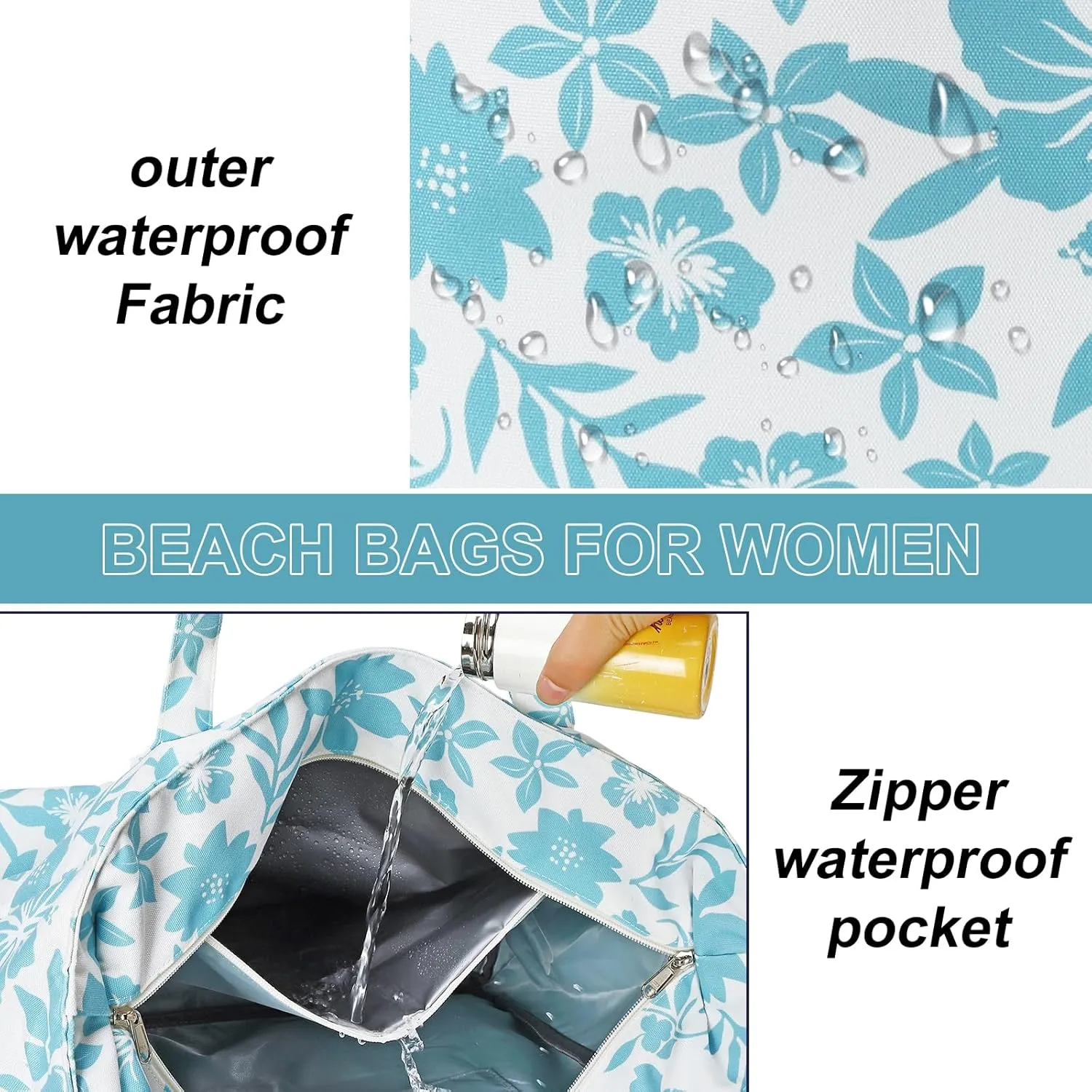 LEDAOU Large Beach Tote Bag Women Waterproof Sandproof Zipper Beach Tote Bag for Pool Gym Grocery Travel with Wet Pocket