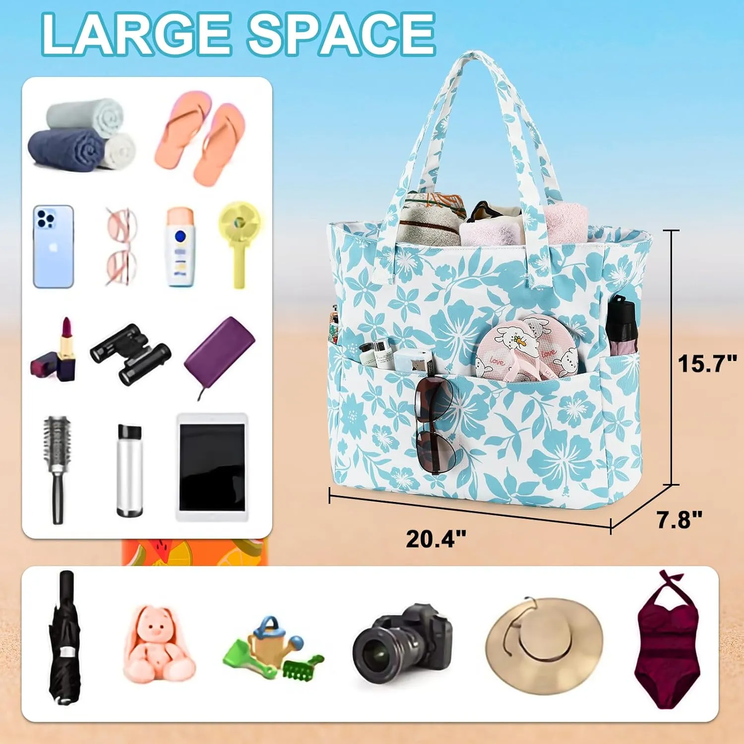 LEDAOU Large Beach Tote Bag Women Waterproof Sandproof Zipper Beach Tote Bag for Pool Gym Grocery Travel with Wet Pocket