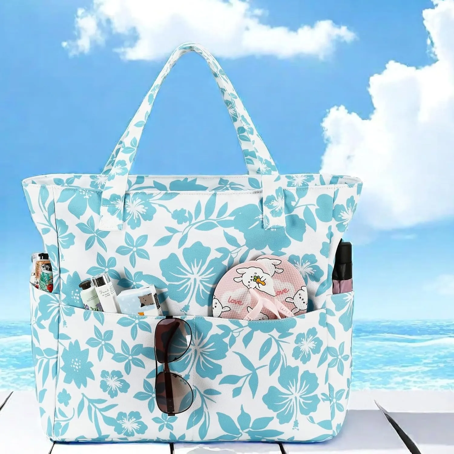 LEDAOU Large Beach Tote Bag Women Waterproof Sandproof Zipper Beach Tote Bag for Pool Gym Grocery Travel with Wet Pocket