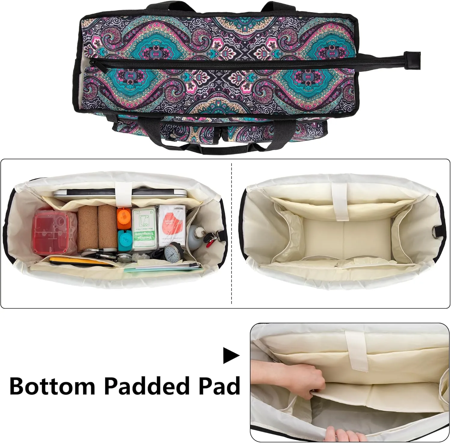 LoDrid Nurse Tote Bag with Bottom Padded Pad, Nurse Bags and Totes for Work with Large Compartment, Bag Only