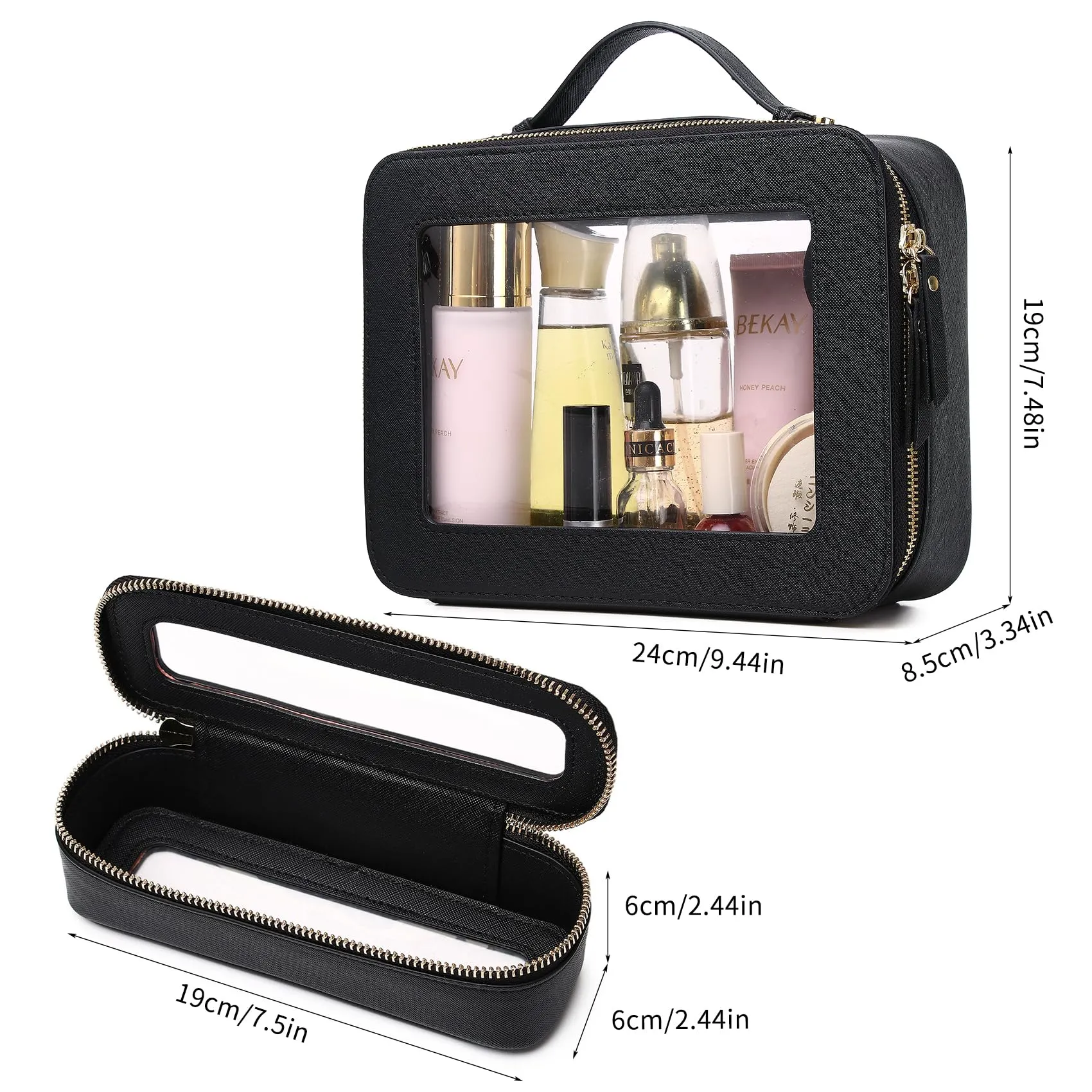 LOFOWN Travel Makeup Bag with Brush Case Portable Transparent Cosmetic Bag and Toiletry Bag Waterproof Makeup Organizer with Zipper Car Essential for Women (Black, L Slim)