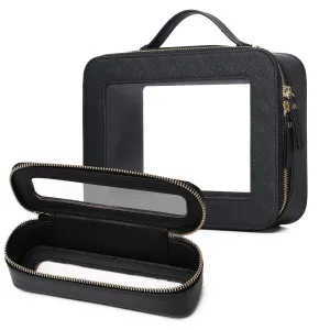 LOFOWN Travel Makeup Bag with Brush Case Portable Transparent Cosmetic Bag and Toiletry Bag Waterproof Makeup Organizer with Zipper Car Essential for Women (Black, L Slim)