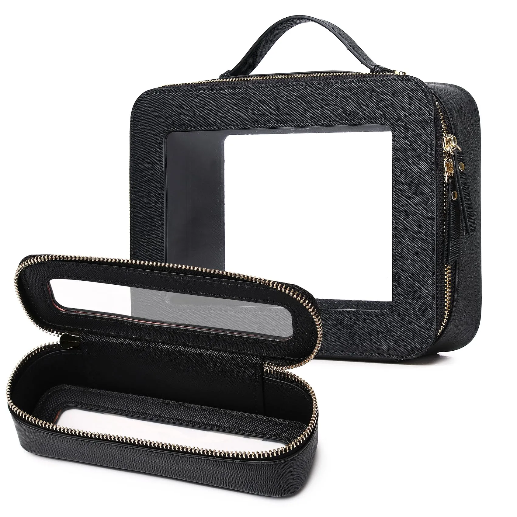 LOFOWN Travel Makeup Bag with Brush Case Portable Transparent Cosmetic Bag and Toiletry Bag Waterproof Makeup Organizer with Zipper Car Essential for Women (Black, L Slim)
