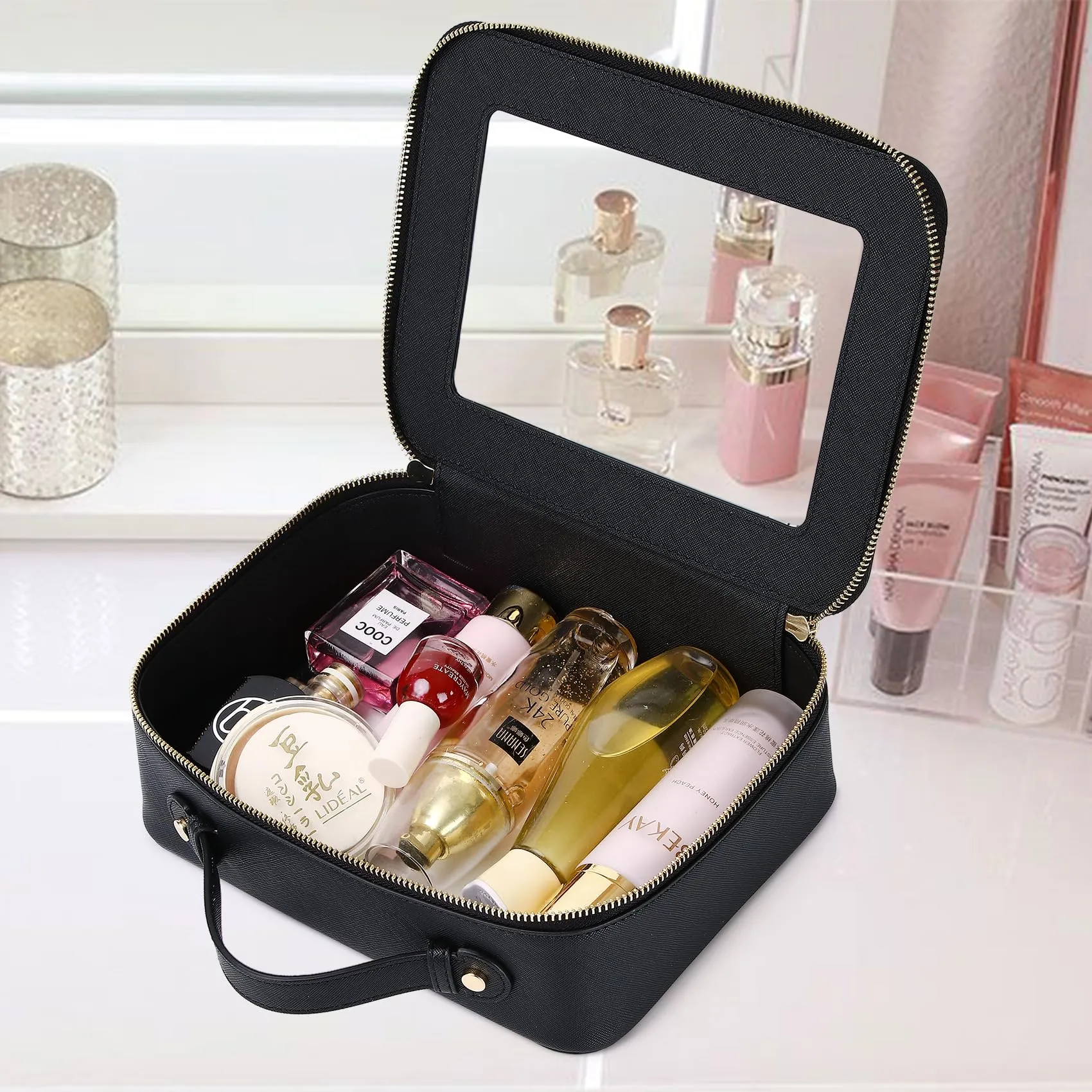 LOFOWN Travel Makeup Bag with Brush Case Portable Transparent Cosmetic Bag and Toiletry Bag Waterproof Makeup Organizer with Zipper Car Essential for Women (Black, L Slim)