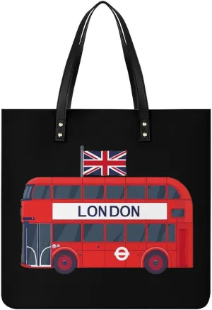 London Double Decker Bus Printed Tote Bag for Women Fashion Handbag with Top Handles Shopping Bags for Work Travel