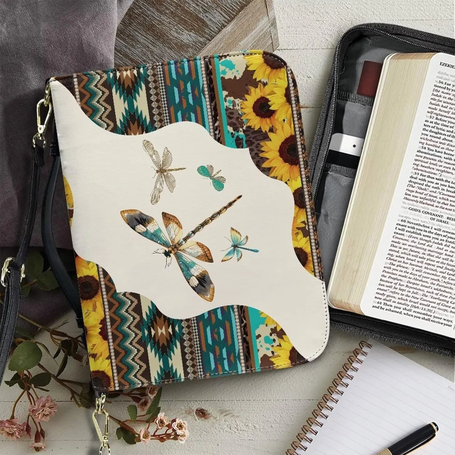 Lotusorchid Aztec Style Bible Cover Case for Women Men, Dragonfly Bible Tote Bag with Handle, Bible Accessories with Detachable Shoulder Strap, Bible Case with Pen Slot, Multicolor, M