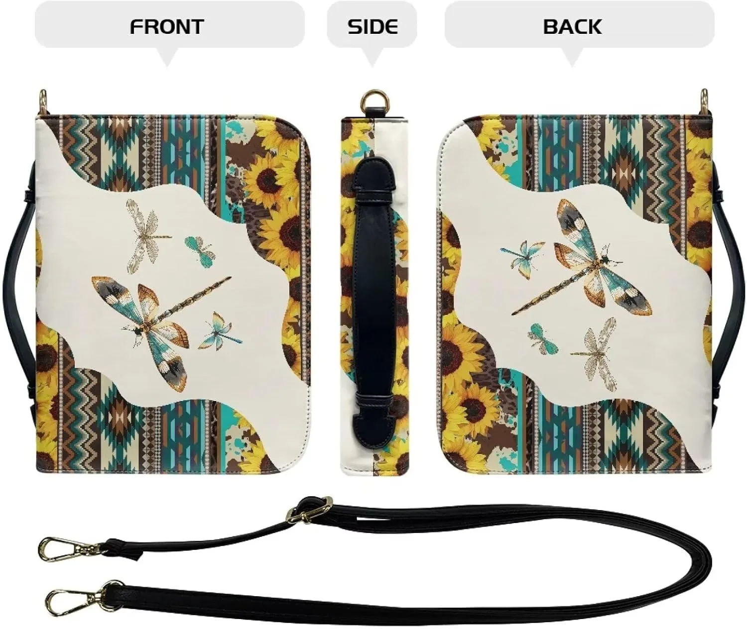 Lotusorchid Aztec Style Bible Cover Case for Women Men, Dragonfly Bible Tote Bag with Handle, Bible Accessories with Detachable Shoulder Strap, Bible Case with Pen Slot, Multicolor, M