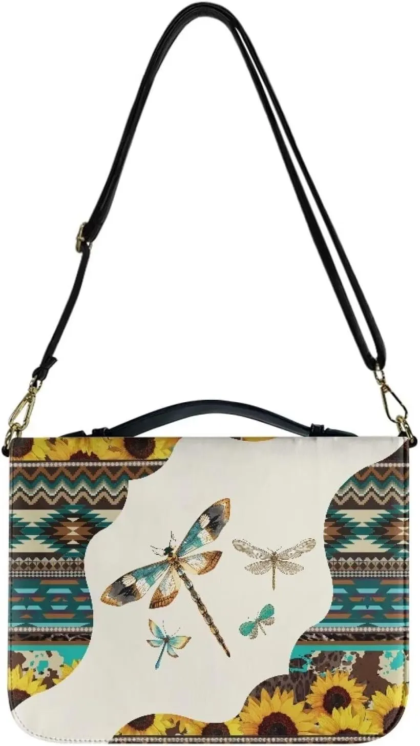 Lotusorchid Aztec Style Bible Cover Case for Women Men, Dragonfly Bible Tote Bag with Handle, Bible Accessories with Detachable Shoulder Strap, Bible Case with Pen Slot, Multicolor, M