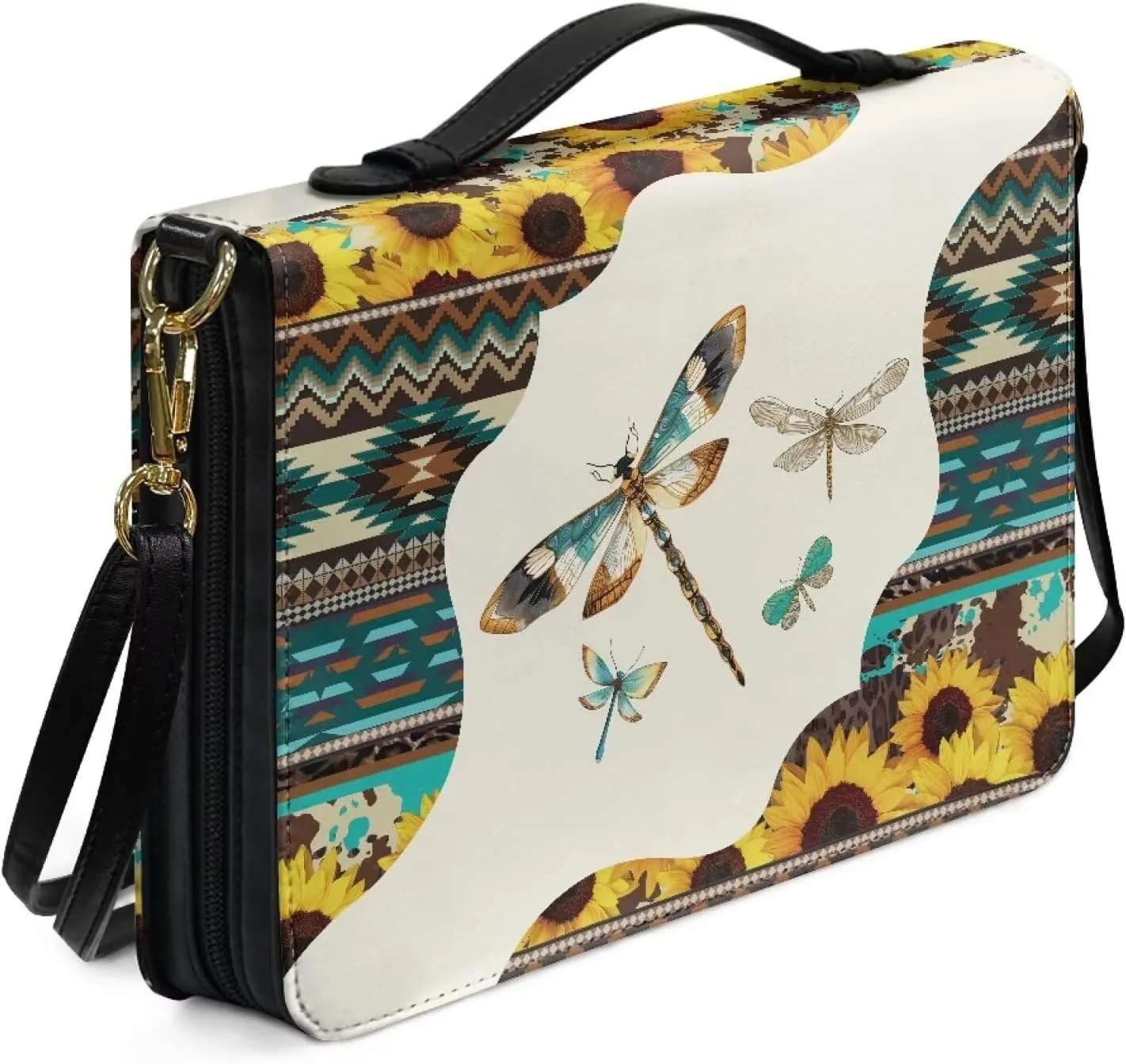 Lotusorchid Aztec Style Bible Cover Case for Women Men, Dragonfly Bible Tote Bag with Handle, Bible Accessories with Detachable Shoulder Strap, Bible Case with Pen Slot, Multicolor, M