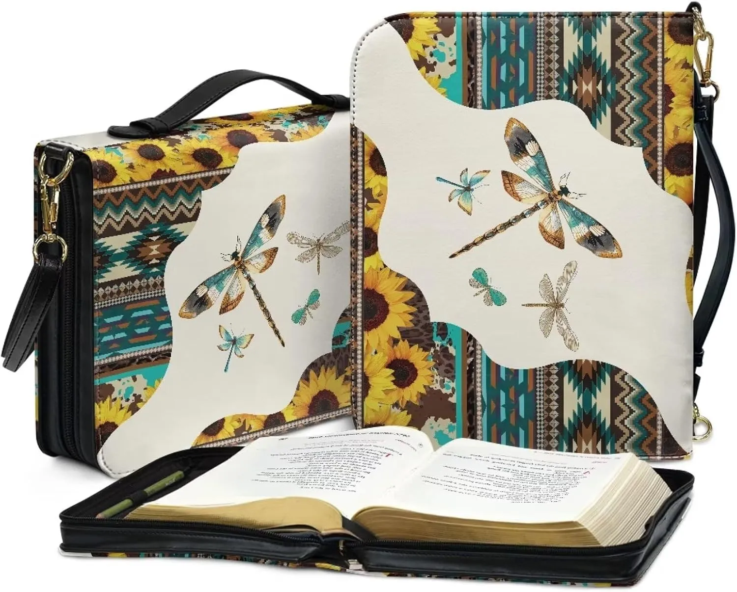 Lotusorchid Aztec Style Bible Cover Case for Women Men, Dragonfly Bible Tote Bag with Handle, Bible Accessories with Detachable Shoulder Strap, Bible Case with Pen Slot, Multicolor, M