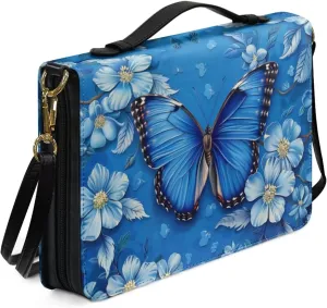 Lotusorchid Butterfly Bible Cover Case for Women, Bible Accessories with Pocket, Leather Bible Bag with Detachable Shoulder Strap, Portable Bible Book Cover for Christian Gift, Blue, Size M