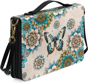 Lotusorchid Butterfly Bible Cover Case for Women, Mandala Flower Bible Tote Bag with Handle, Bible Accessories with Detachable Shoulder Strap, Bible Case with Pen Slot, Green and Off White