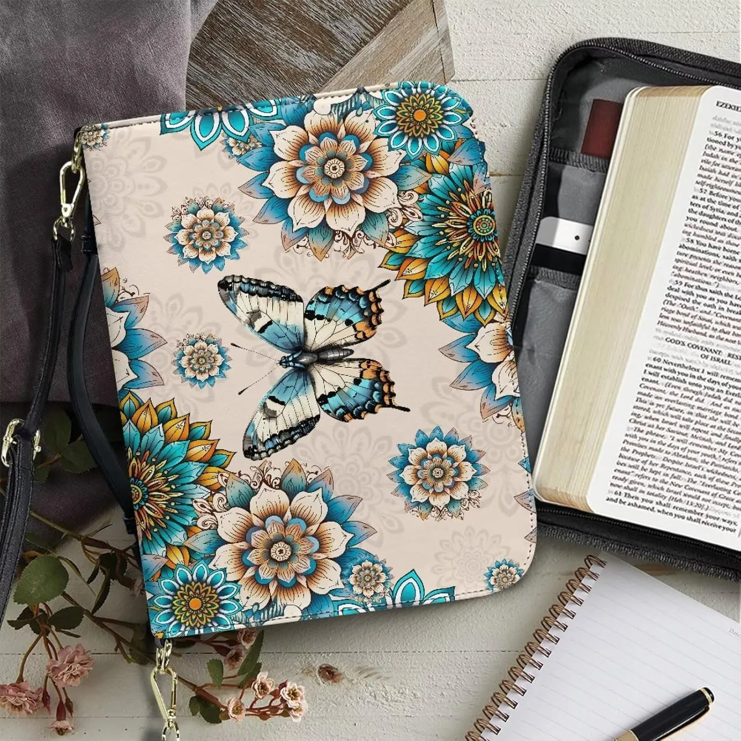 Lotusorchid Butterfly Bible Cover Case for Women, Mandala Flower Bible Tote Bag with Handle, Bible Accessories with Detachable Shoulder Strap, Bible Case with Pen Slot, Green and Off White