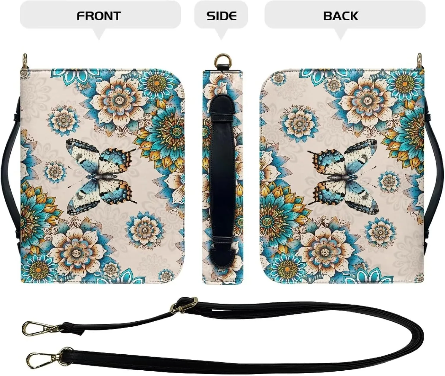 Lotusorchid Butterfly Bible Cover Case for Women, Mandala Flower Bible Tote Bag with Handle, Bible Accessories with Detachable Shoulder Strap, Bible Case with Pen Slot, Green and Off White