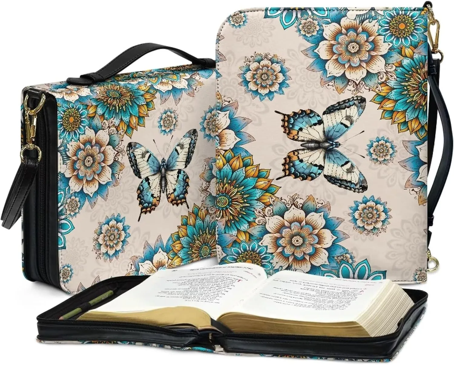 Lotusorchid Butterfly Bible Cover Case for Women, Mandala Flower Bible Tote Bag with Handle, Bible Accessories with Detachable Shoulder Strap, Bible Case with Pen Slot, Green and Off White