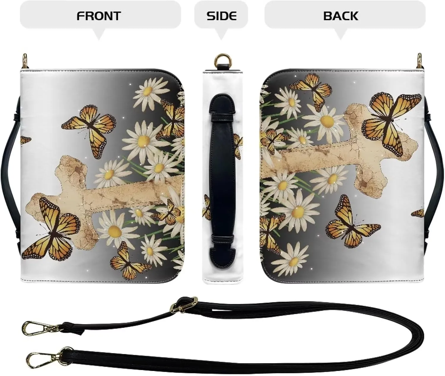 Lotusorchid Cross Church Bible Bag for Women, Butterfly Bible Cover with Pen Slot, Daisy Bible Case with Removable Shoulder Strap, Bible Accessories for Study Bible, Black and White, M