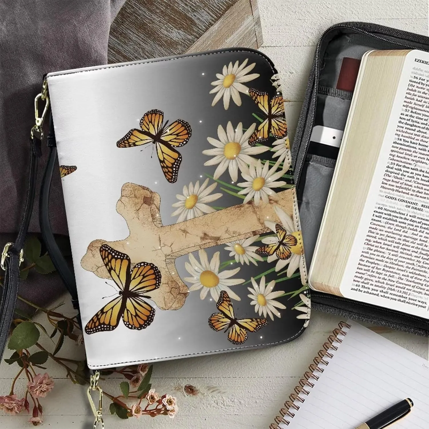 Lotusorchid Cross Church Bible Bag for Women, Butterfly Bible Cover with Pen Slot, Daisy Bible Case with Removable Shoulder Strap, Bible Accessories for Study Bible, Black and White, M