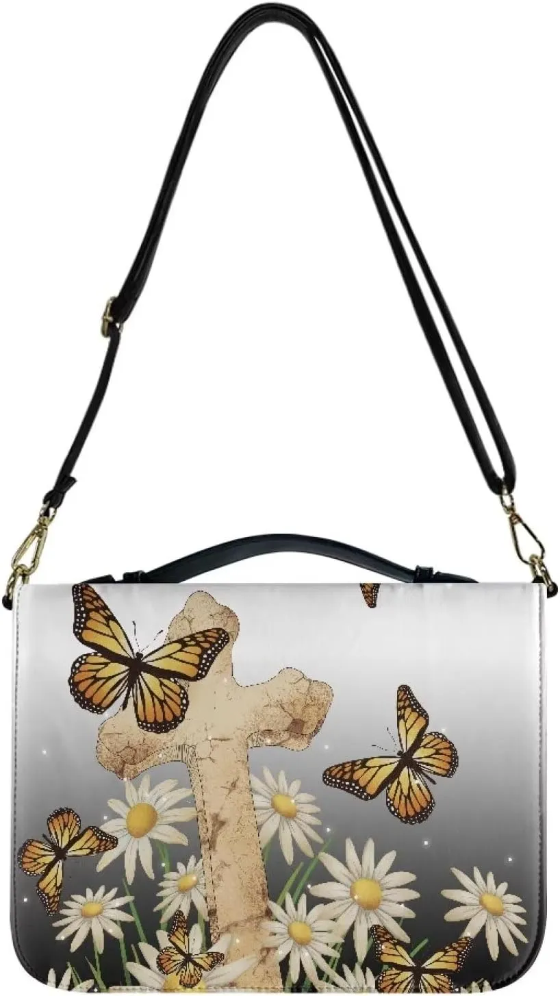 Lotusorchid Cross Church Bible Bag for Women, Butterfly Bible Cover with Pen Slot, Daisy Bible Case with Removable Shoulder Strap, Bible Accessories for Study Bible, Black and White, M