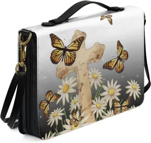 Lotusorchid Cross Church Bible Bag for Women, Butterfly Bible Cover with Pen Slot, Daisy Bible Case with Removable Shoulder Strap, Bible Accessories for Study Bible, Black and White, M