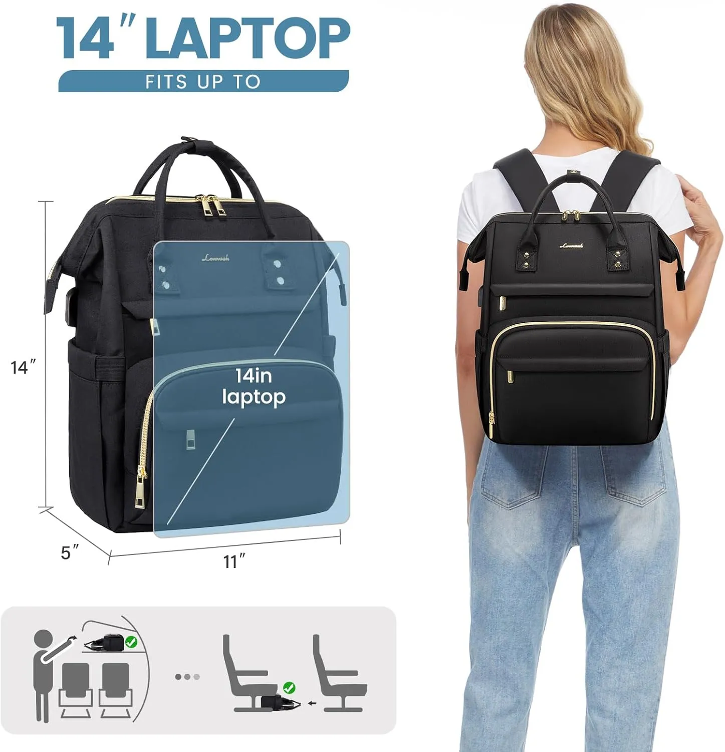 LOVEVOOK Laptop Backpack for Women, Teacher Nurse Bag, Work Bag, Anti-Theft Travel Backpack with USB Charging Port, 14 Inch Backpack for College Business Casual