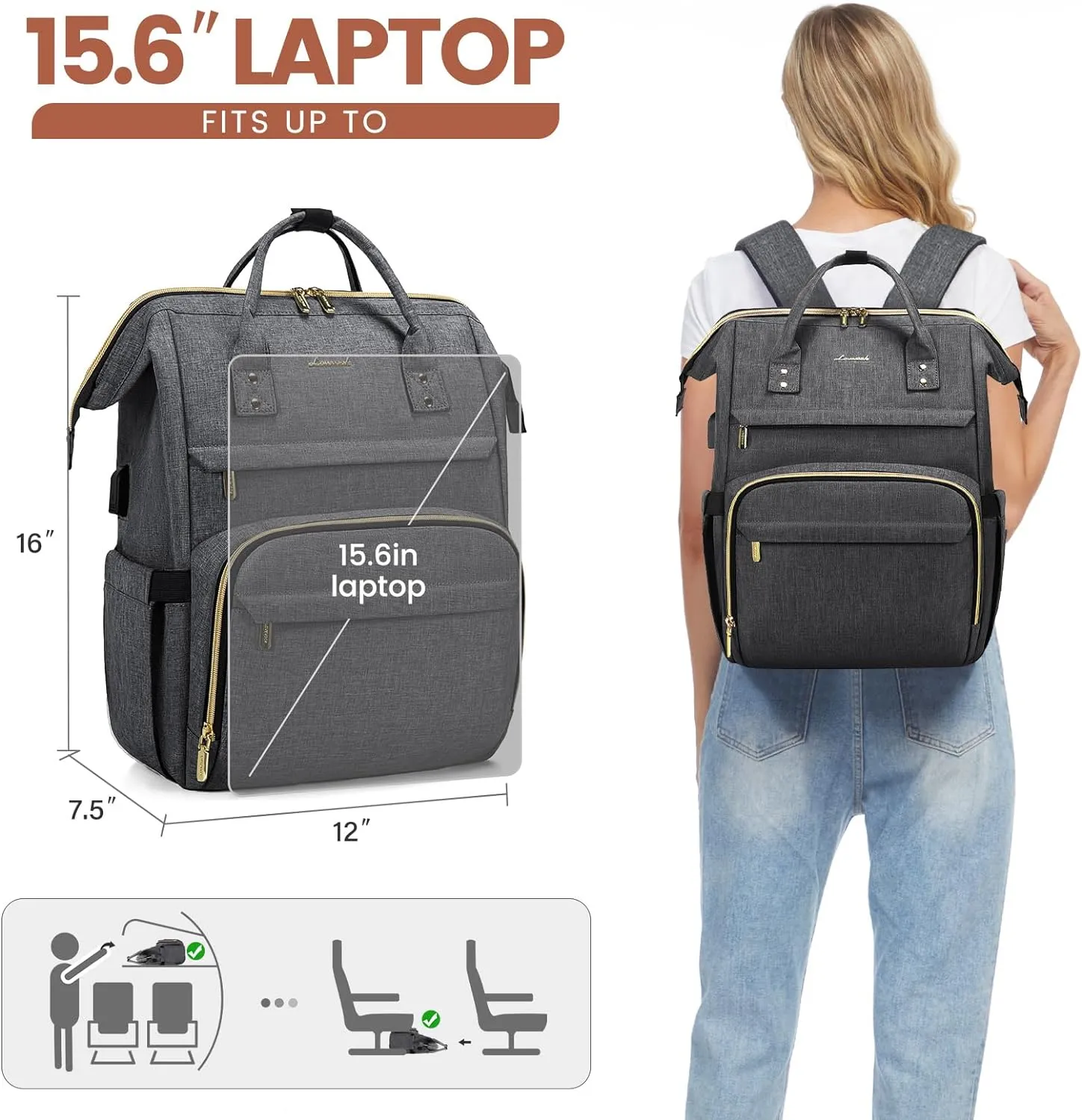 LOVEVOOK Laptop Backpack for Women,15.6 Inch Professional Womens Travel Backpack Purse Computer Laptop Bag Nurse Teacher Backpack,Waterproof College Work Bag Carry on Back Pack with USB Port,Dark Grey