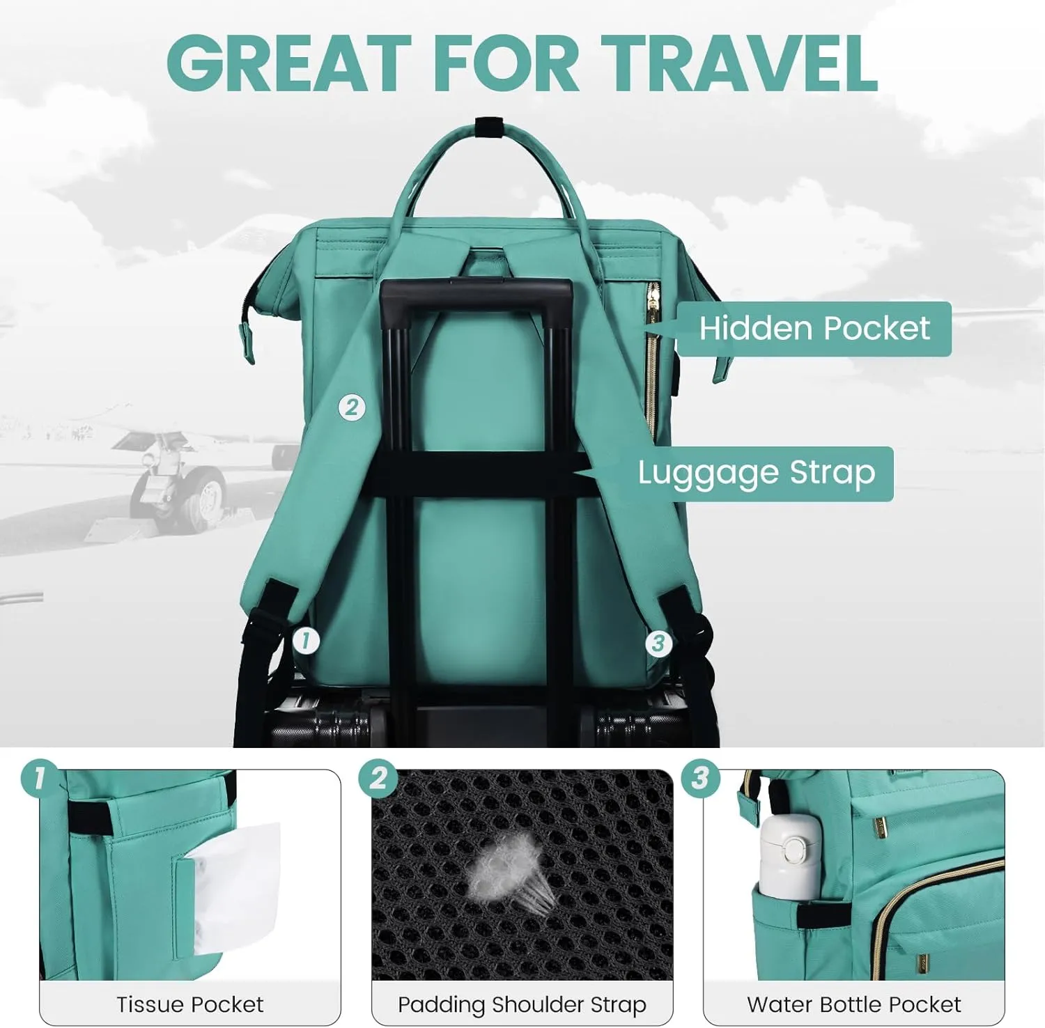 LOVEVOOK Laptop Backpack for Women,15.6 Inch Professional Womens Travel Backpack Purse Computer Laptop Bag Nurse Teacher Backpack,Waterproof College Work Bag Carry on Backpack with USB Port,Mint Green