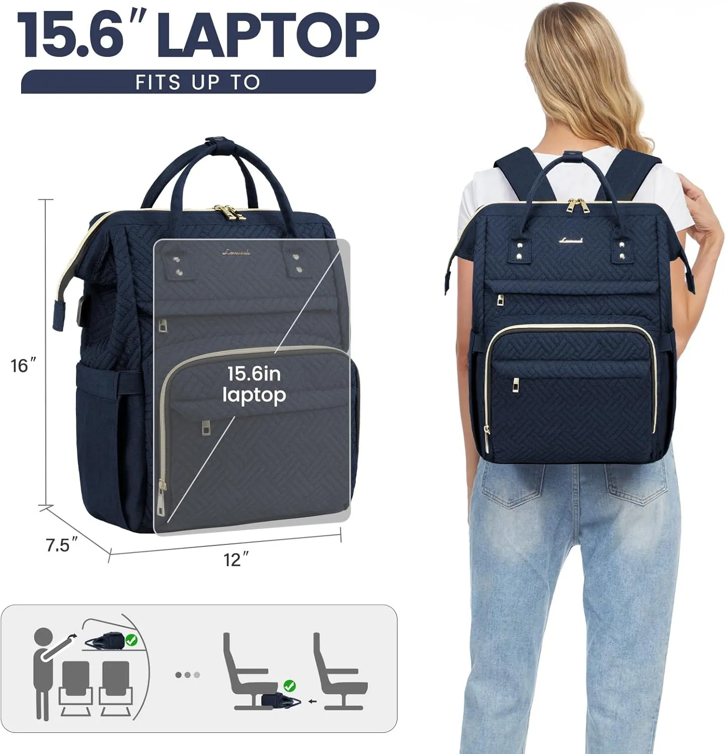 LOVEVOOK Laptop Backpack for Women,15.6 Inch Professional Womens Travel Backpack Purse Computer Laptop Bag Nurse Teacher Backpack,Waterproof Work Bags Carry on Back Pack with USB Port,Dark Blue Plait
