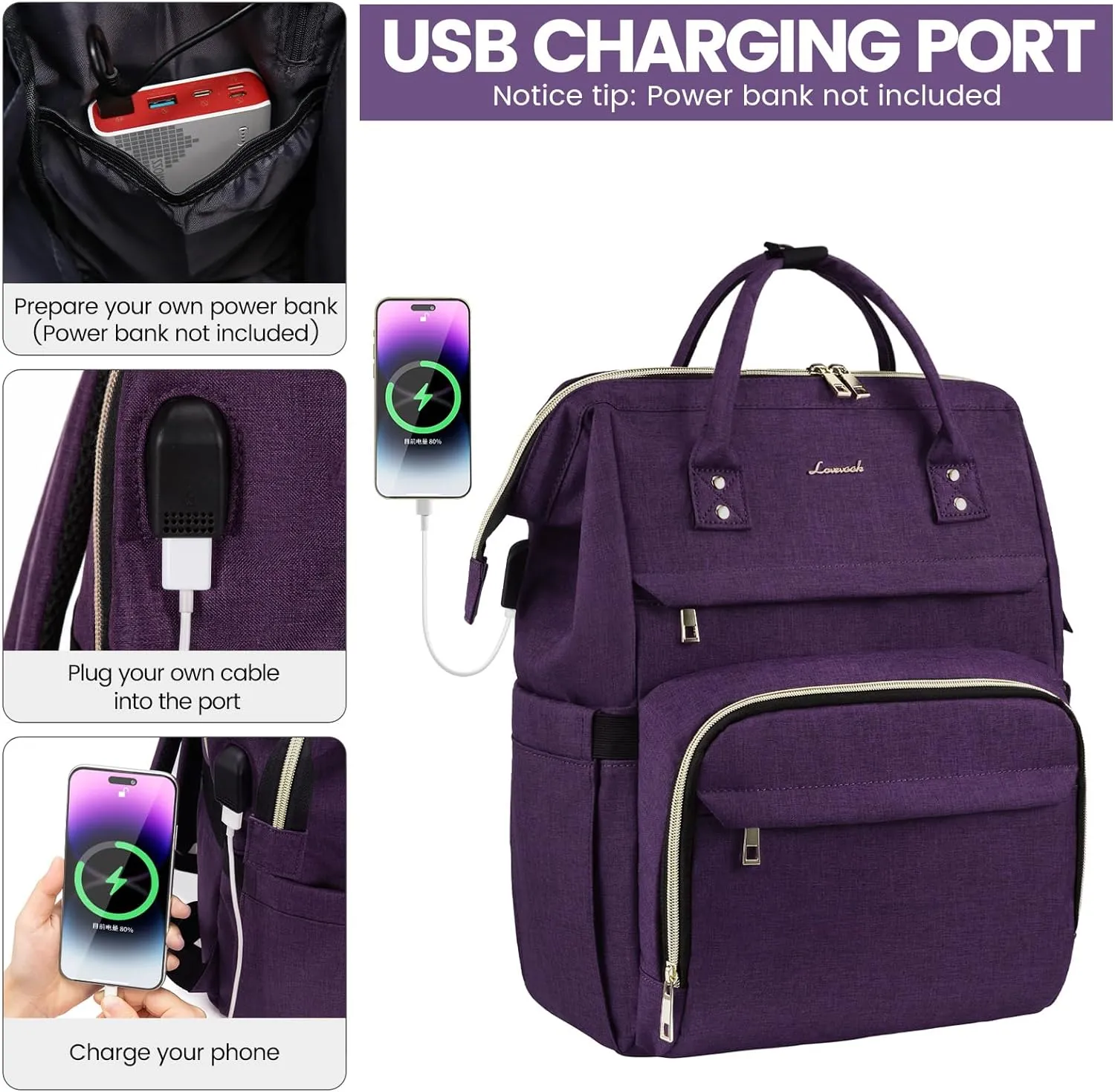 LOVEVOOK Laptop Backpack for Women,15.6 Inch Professional Womens Travel Backpack Purse Computer Laptop Bag Nurse Teacher Backpack,Waterproof Work Bags Carry on Back Pack with USB Port,Dark Purple