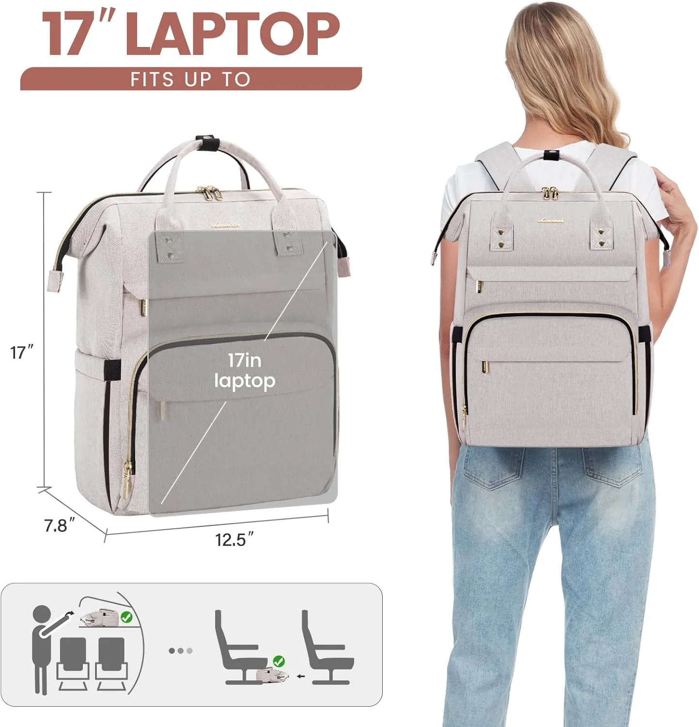 LOVEVOOK Laptop Backpack for Women,17 Inch Professional Womens Travel Backpack Purse Computer Laptop Bag Nurse Teacher Backpack,Waterproof College Work Bags Carry on Back Pack with USB Port,Off-white