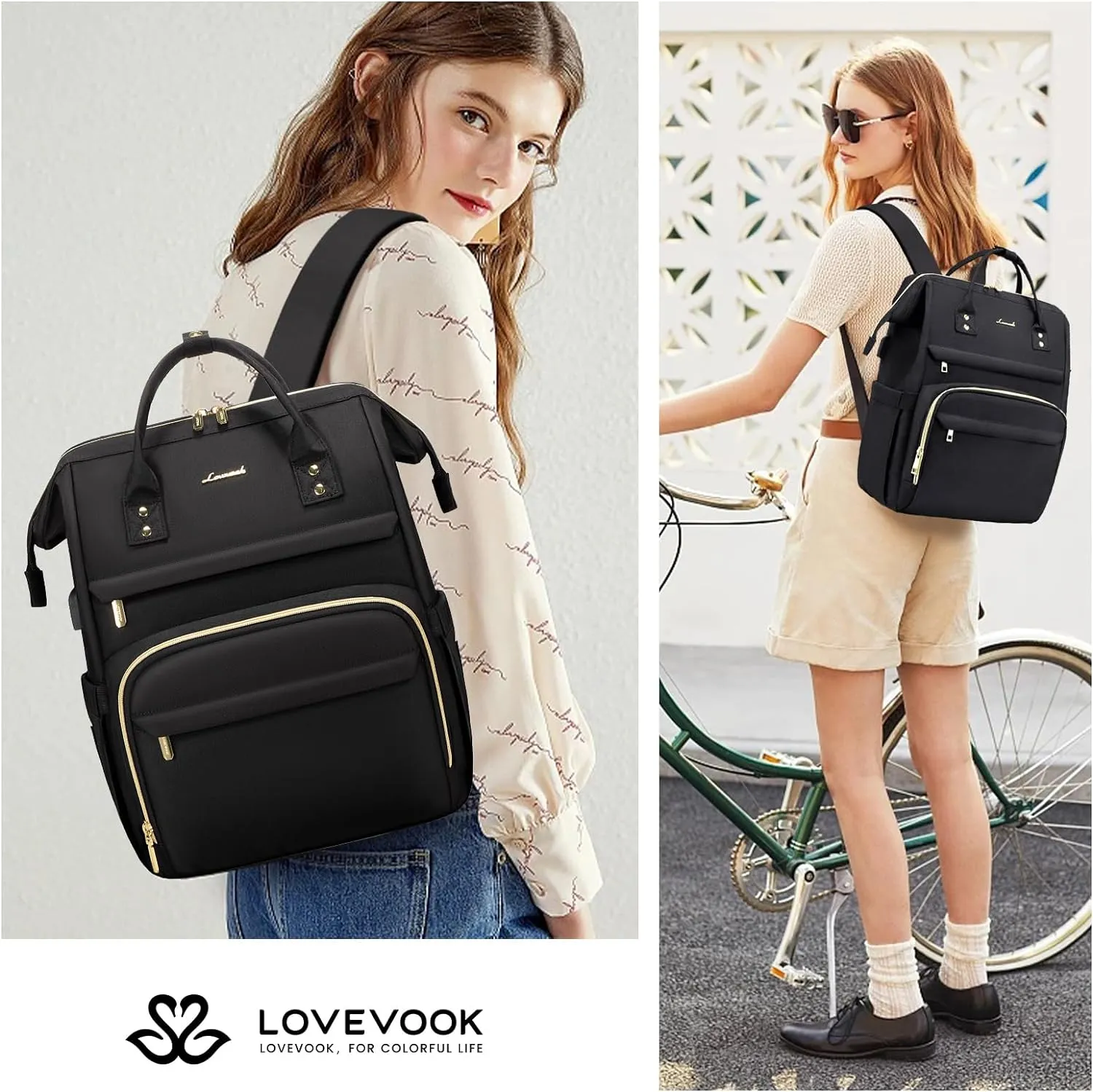 LOVEVOOK Laptop Backpack,15.6 Inch Professional Womens Purse Computer Bag Nurse Teacher Backpack,Waterproof College Work Bags Carry on Travel Back Pack with USB Port,Black