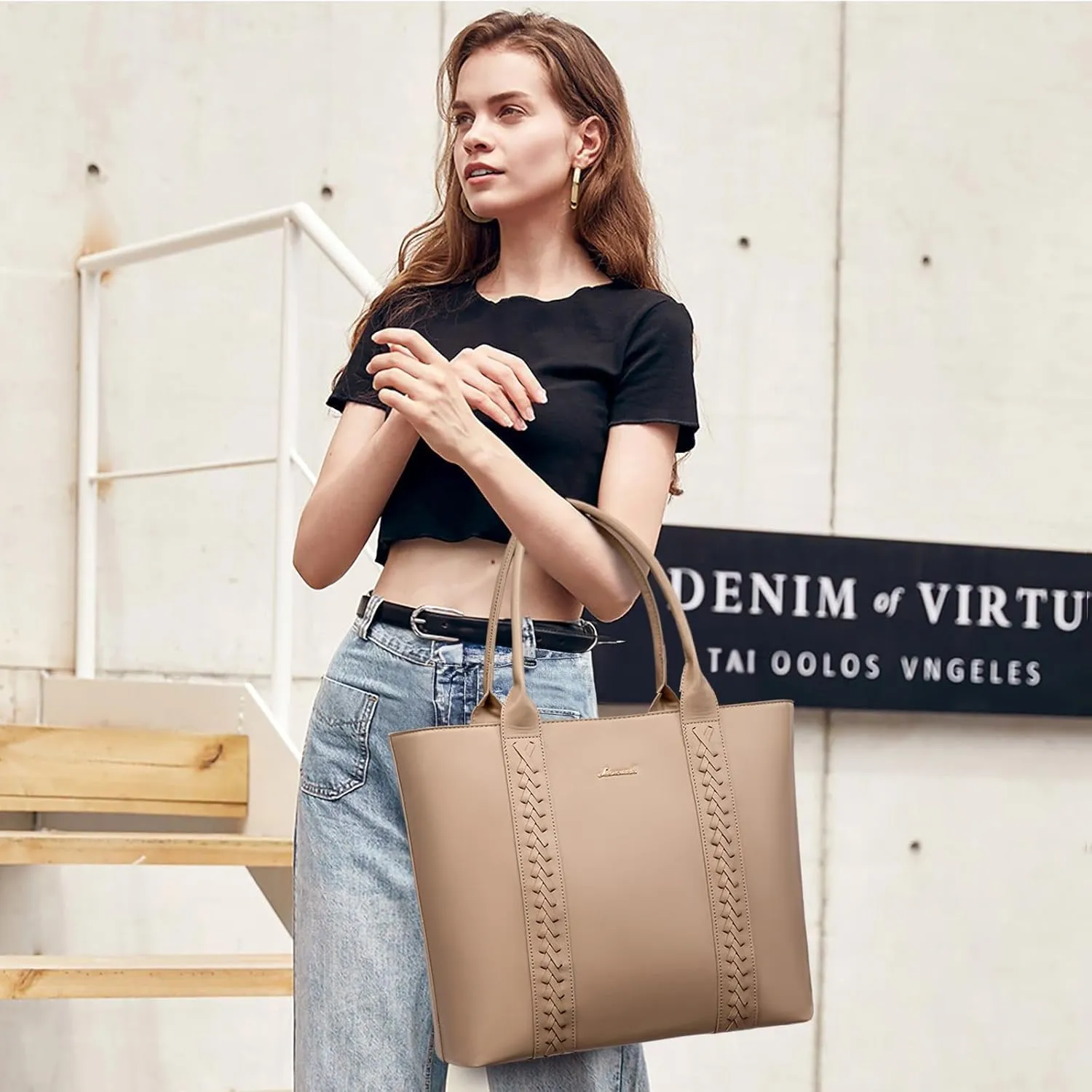 LOVEVOOK Tote Bag for Women Purse and Work Bags, Shoulder Purses with Large Black Woven Leather, Gifts for Womens