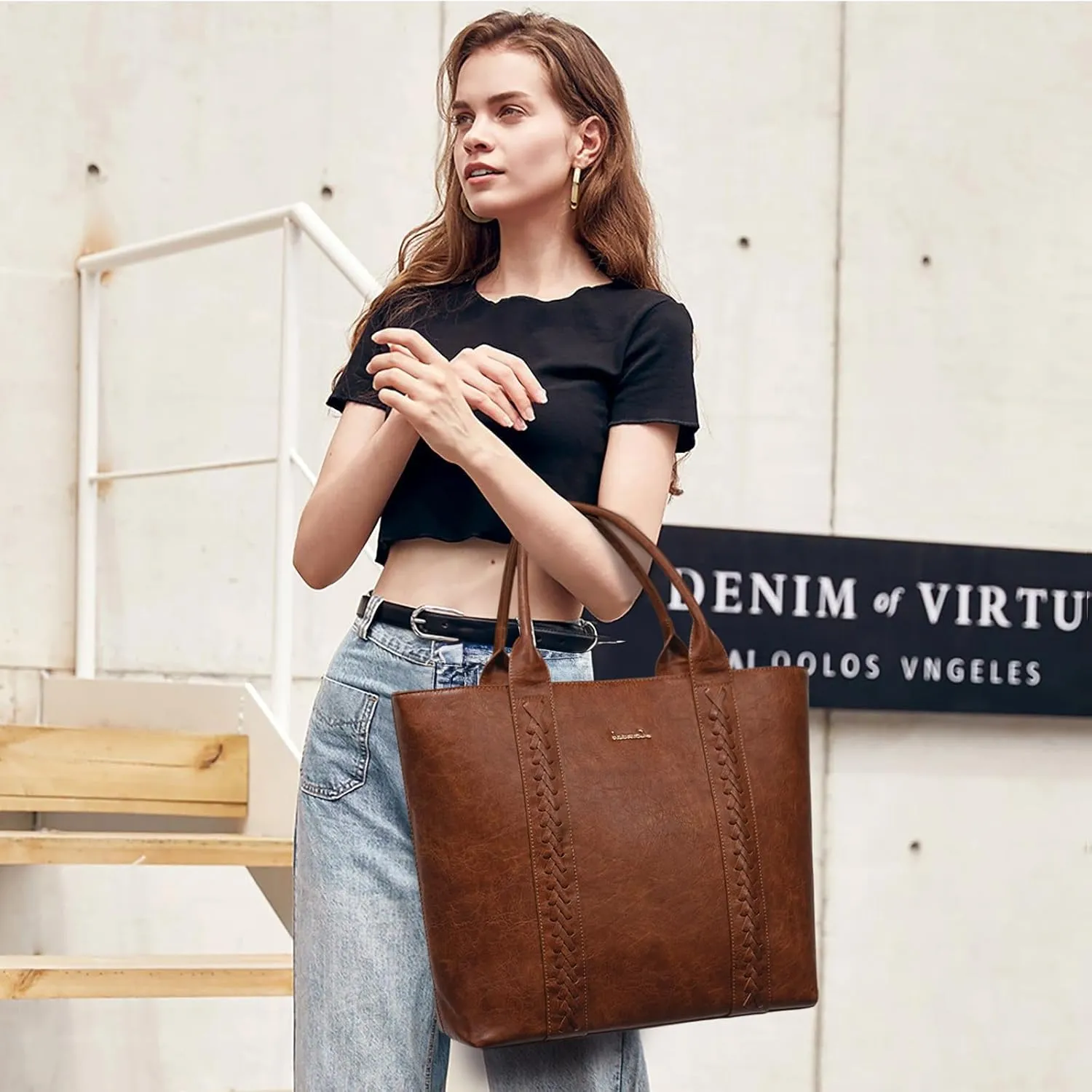 LOVEVOOK Tote Bag for Women Purse and Work Bags, Shoulder Purses with Large Black Woven Leather, Gifts for Womens