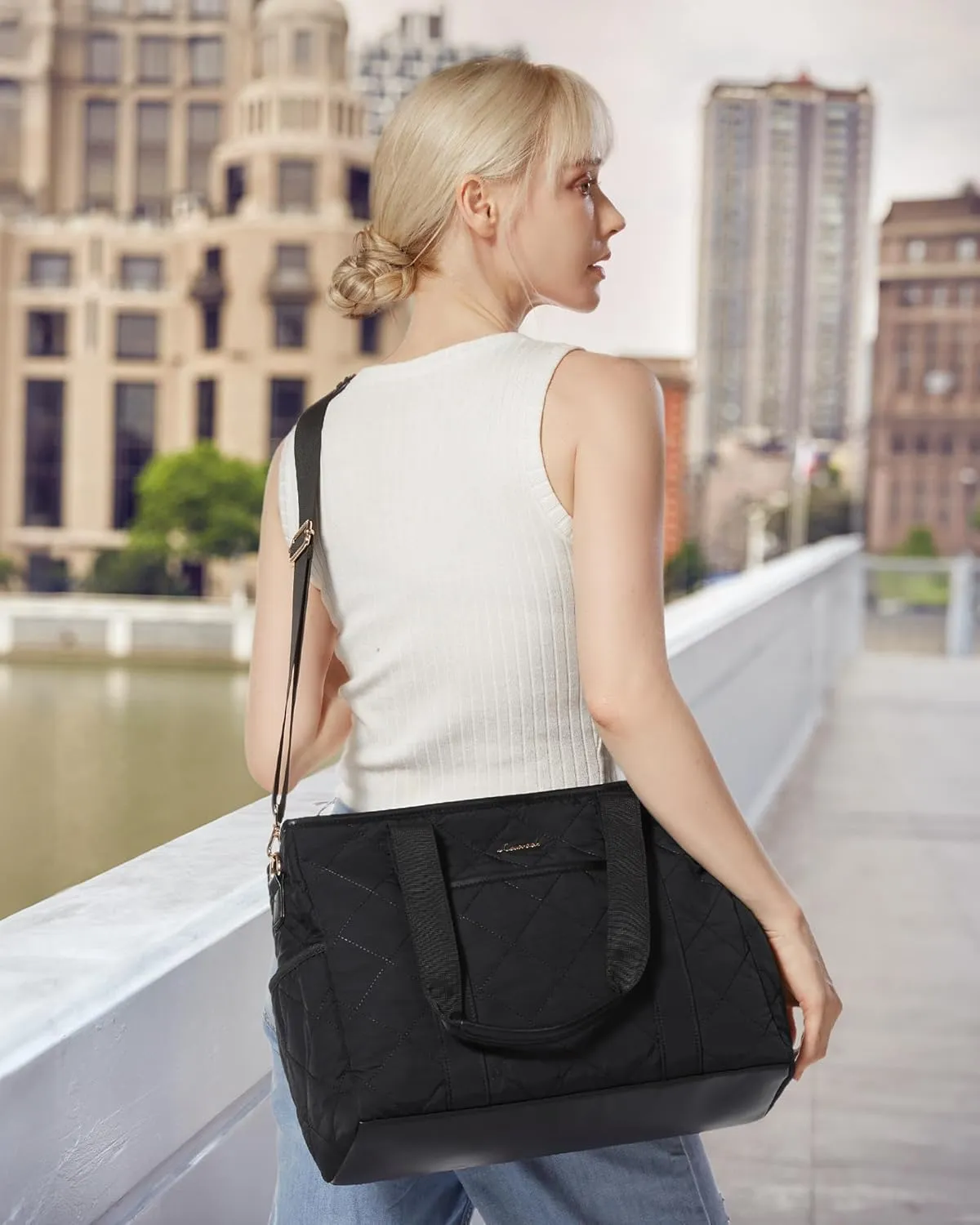 LOVEVOOK Tote Bag for Women, Quilted Puffer 15.6 Inch Laptop Handbag with Zipper, Large Lightweight Shoulder Bag