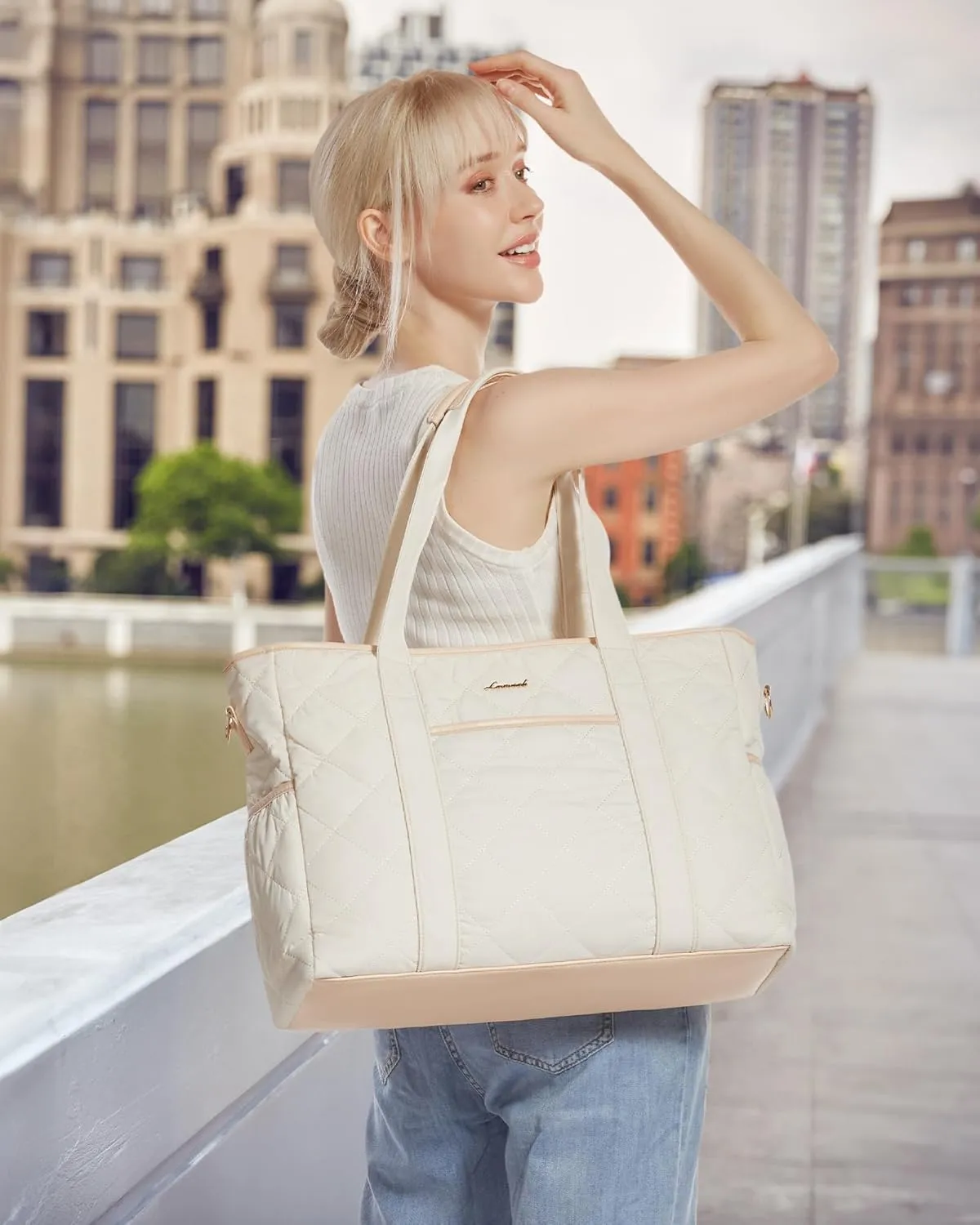 LOVEVOOK Tote Bag for Women, Quilted Puffer 15.6 Inch Laptop Handbag with Zipper, Large Lightweight Shoulder Bag