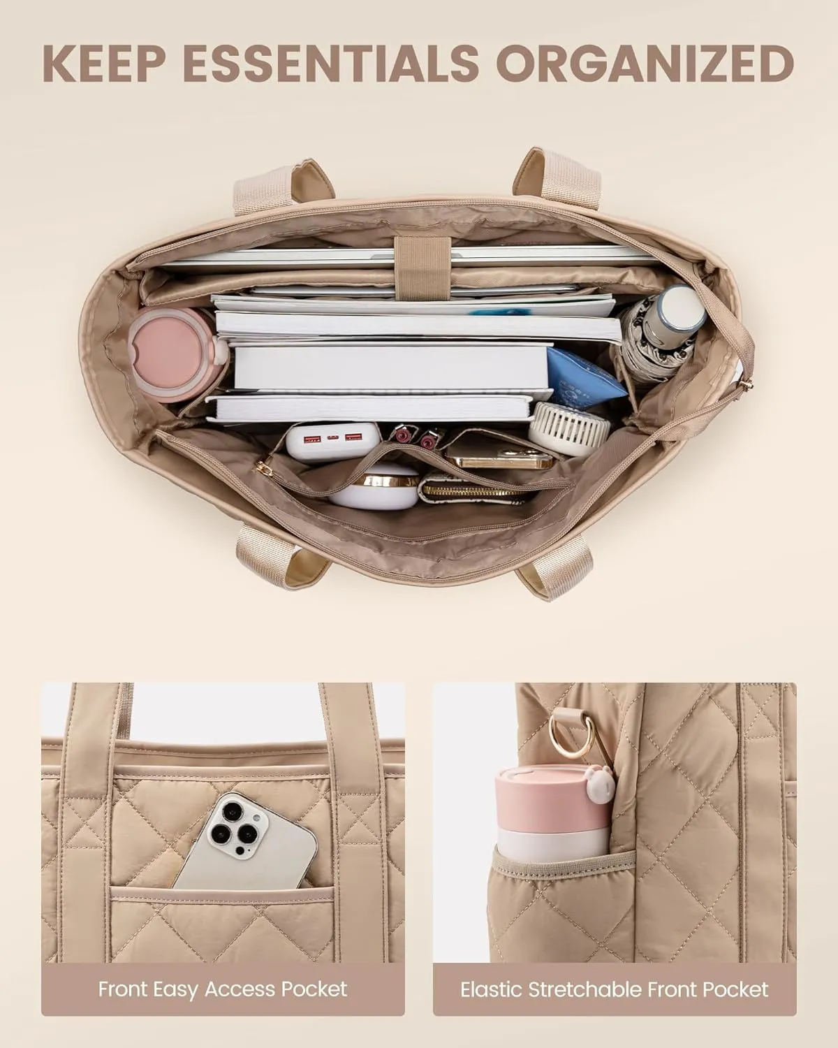 LOVEVOOK Tote Bag for Women, Quilted Puffer 15.6 Inch Laptop Handbag with Zipper, Large Lightweight Shoulder Bag